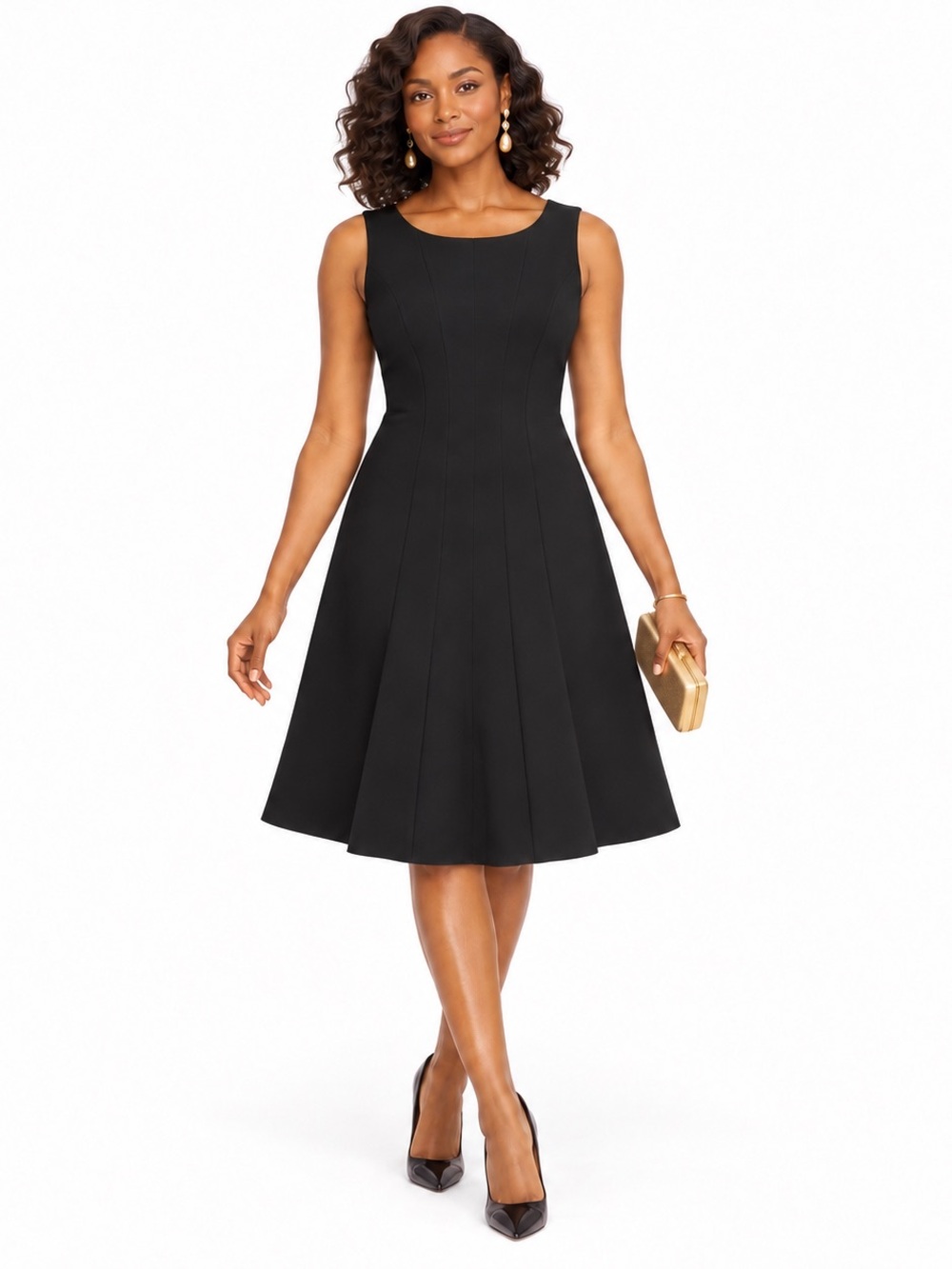 Talbots SZ 12 Black Sleeveless Midi Fit-and-Flare Dress/Bust 42”